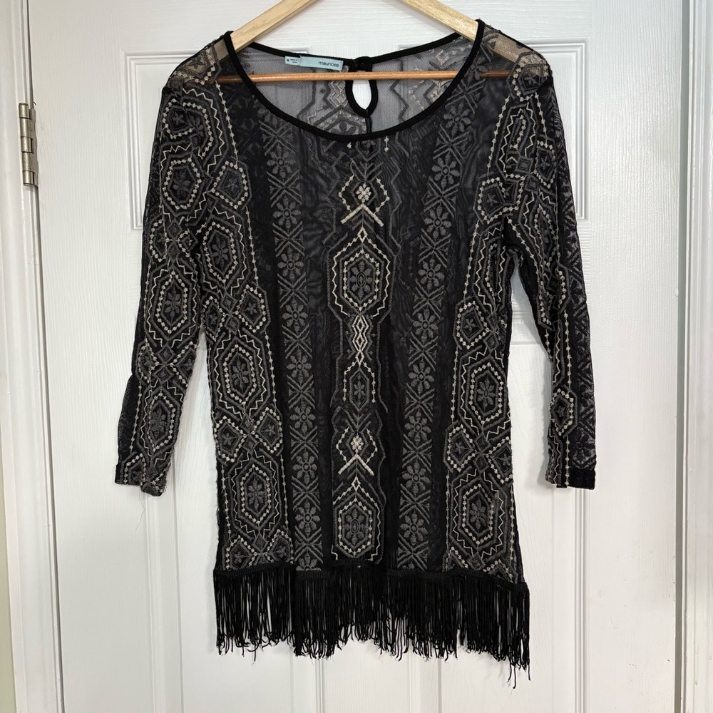 Maurice’s Black Mesh Embroidered Fringe Top‎ Size Medium
